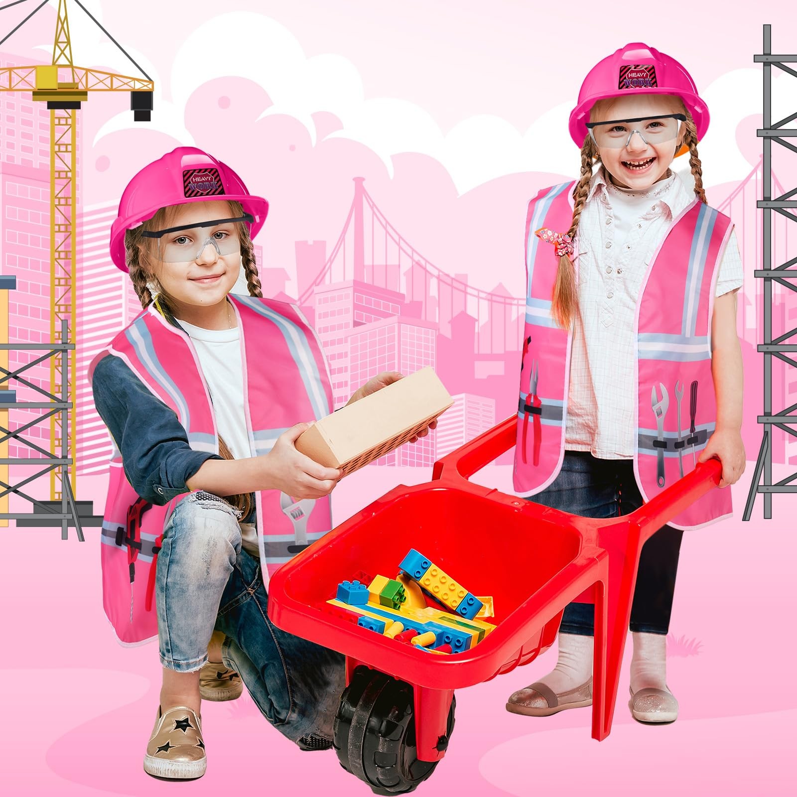 Kids Construction Costume Set Hard Hat Vest Goggles Dress Up Outfit image 3
