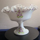 Fenton Art Glass Violets In The Snow Hand-painted Silver Crest Compote Comport
