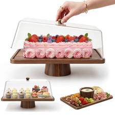 Medium 14" Acacia Wood Cake Stand with Square Lid, 2-in-1 Rectangular Dessert...