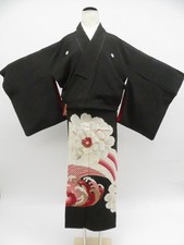Japanese Antique Kimono Black-Tomesode Silk Gold Emboidery Made in Japan eb-1344