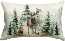Christmas Trees Reindeer Throw Pillow Cover, 12 X 20 Inch Xmas Winter Holiday An