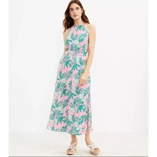 Loft Womens Palm Halter Maxi Dress Tie Back Sleeveless Pink Green Size 14