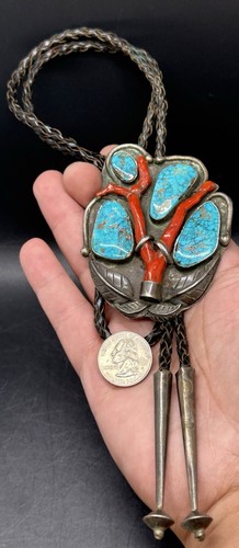 BIG Old Pawn Zuni Picto signierter Sterling Edelstein Türkis & Korallenzweig Bolokrawatte C! - Bild 1 von 22