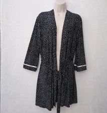 Studio Donatella Wrap Robe Night Gown Women's L /XL Black White Polka Dot Short.