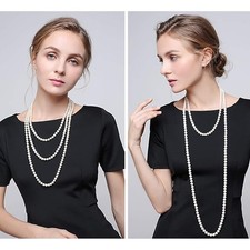 Long Faux Pearl Necklace 69" Layered White 8mm Beaded Strand Women Jewelry