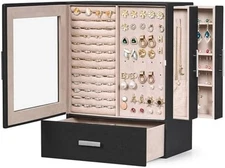 Joyero con ventana de cristal para mujeres y niñas, joyero de 4 capas