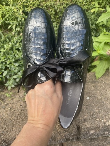 Mocassini vintage Jean Thiot neri in vernice croc goffrati cravatta a nastro taglia 42 - Foto 9 di 11
