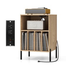 Record Player Stand w/Charging Station 5 Storage Compartments Anti-toppling Kits