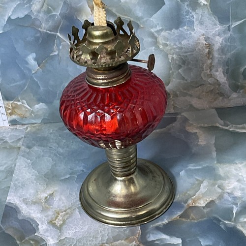 Vintage Brass Pedestal Red Diamond Pattern Oil Lamp No Shade - Picture 3 of 10