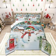 Merry Christmas Comforter Set King Size,Watercolor Cute Snowman Pine Trees Be...
