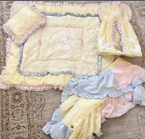 The Sweetest Vintage Crib Set - Blanket Quilt, Dust Ruffle Skirt, Diaper Holder,