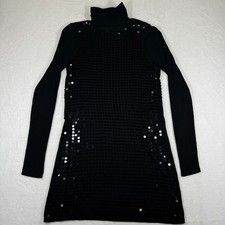 Alice + Olivia Black Sequin Turtleneck Mini Dress Long Sleeve Rayon Knit M