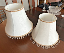 Pair Of White UNO Damask Lampshades, Bell Shape with Bead Trim