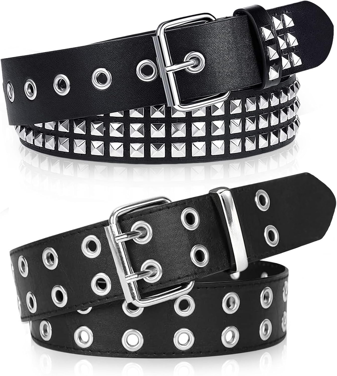 Black Studded Belt, 2 Pcs Y2K Belt Metal Punk Rock Double Grommet Belts with ...