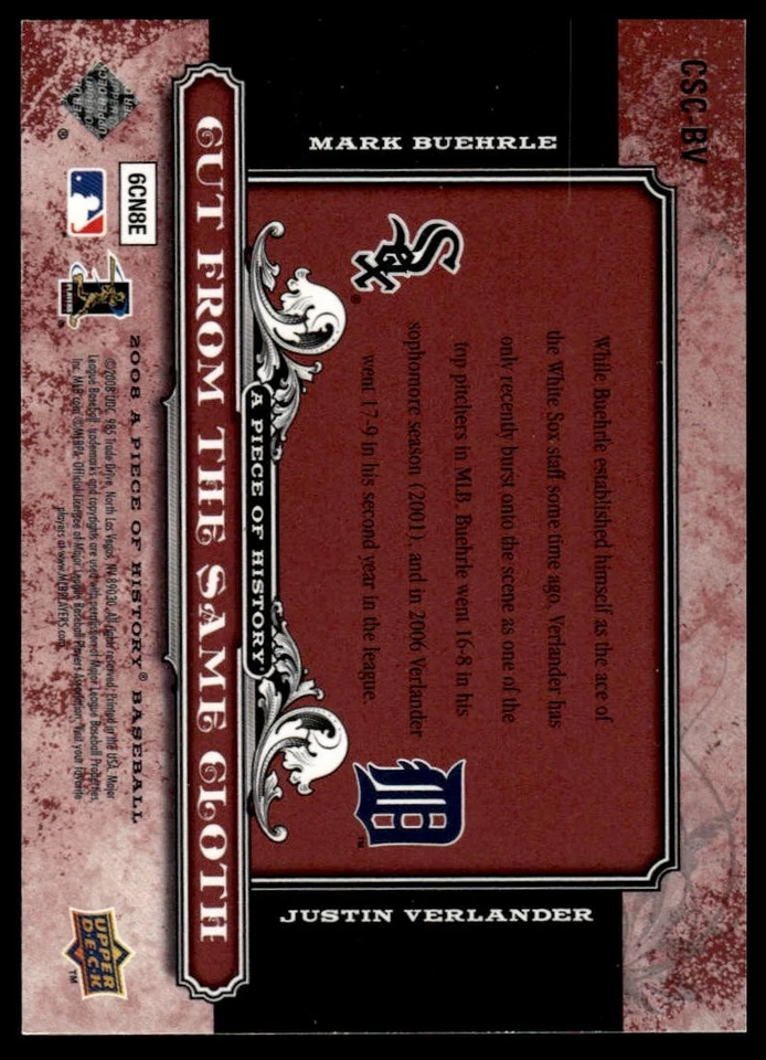 2008 Upper Deck A Piece of History #CSC-BV Buehrle Verlander Same Cloth Red #/99 - Image 2 of 2