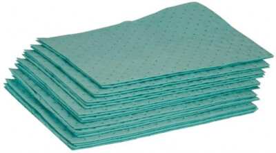 100 Pack Brady SPC Hazmat Sorbent Pads: 15'' Wide, 19'' Long, Green Polypropylene