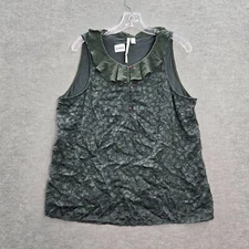 LC Lauren Conrad Women Top Large Green Floral Sheer Sleeveless Blouse Ruffle