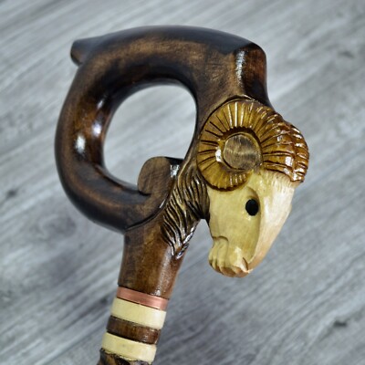 Cane Walking Stick Wooden carved Handmade solid collectible - Ram Roun Brown
