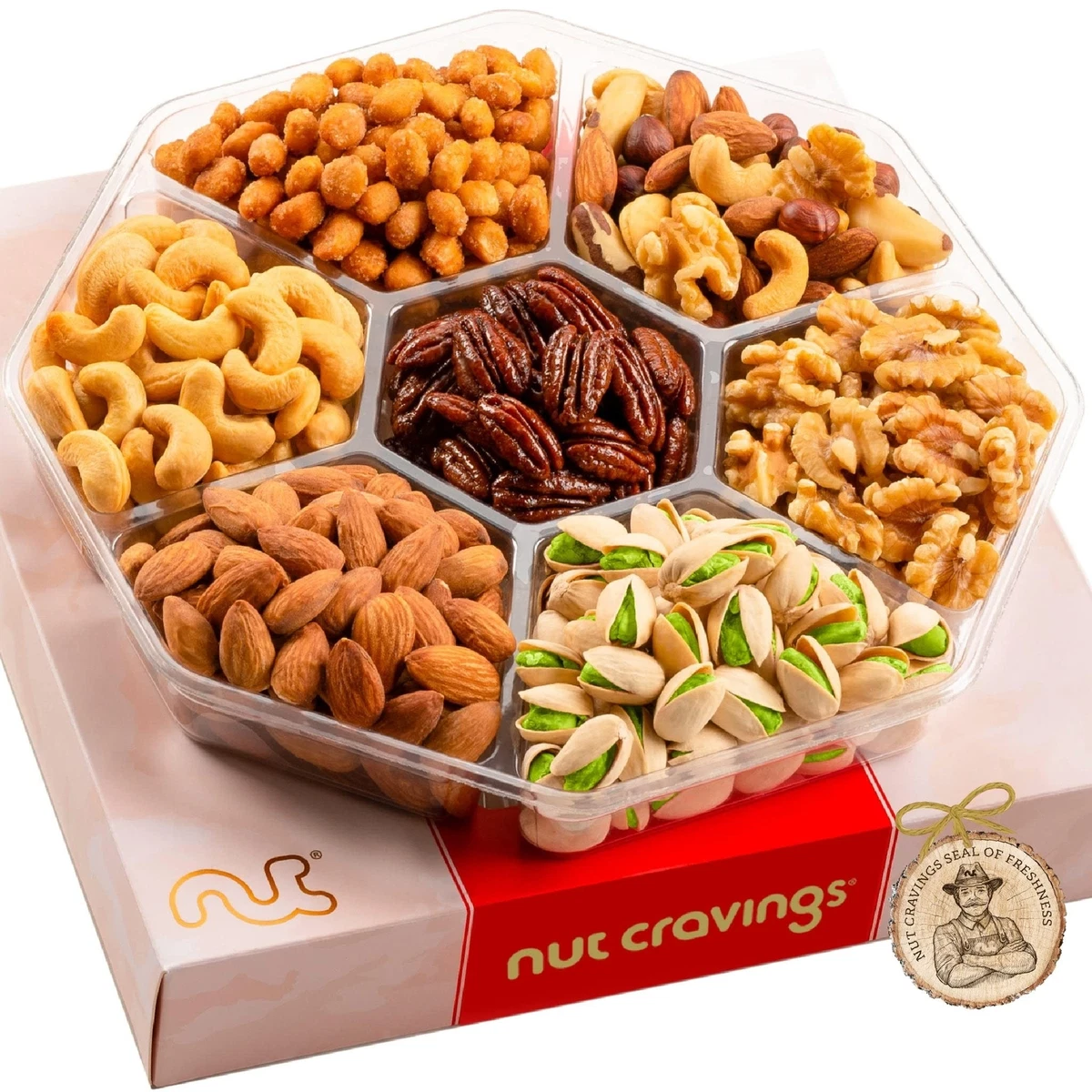 Mixed Nuts Gift Basket in Red Gold Box 7 Assortments Mothers Day Gourmet Fo