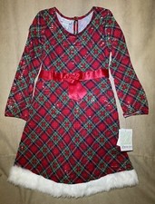 Bonnie Jean Girls Red/Green Plaid Sequin Santa Christmas Dress Sz 12 Fur Hem 64