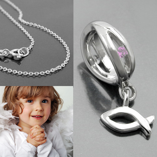 MäDchen Rosa Zirkonia Infinity Taufring Christen Fisch + Kette 38 Cm Silber 925-image