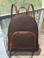 Michael Kors Jaycee Women Medium MK Signature Logo Zip Pocket Backpack Brown