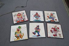 Set  6 Vintage Hand Stitched Clown Needlepoint 14" x 14" - 15" x 15" Framed