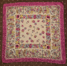 Vintage Floral Scarf Country Scene Print Cottage Horsecart Pink Rose Blue Sq.25"
