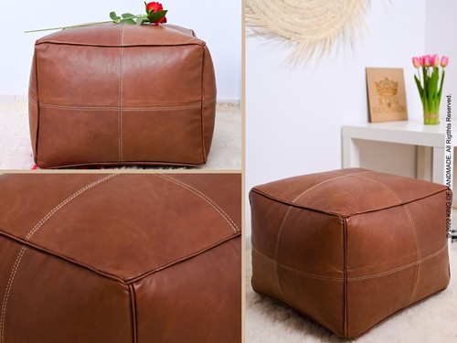 STUFFED Footstool , Moroccan Leather Pouf , Leaving room decor , Bohemian Decor - Picture 2 of 10