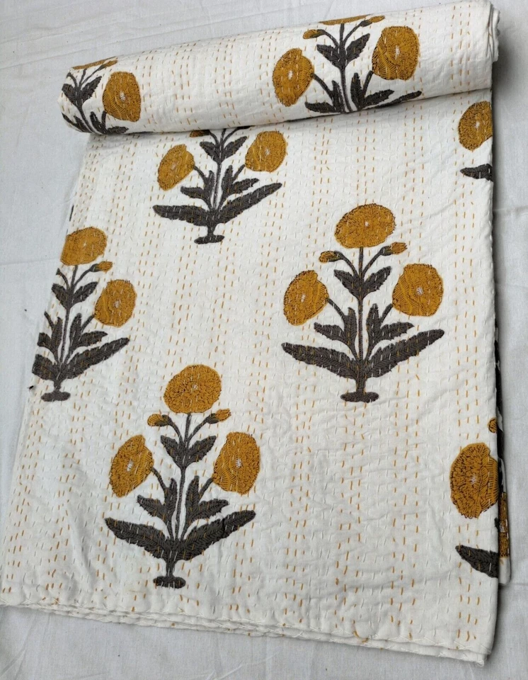 Colcha de algodão indiana feita à mão Kantha estampa bloco de mão cobertor de colcha tamanho King - Imagem 2 de 4