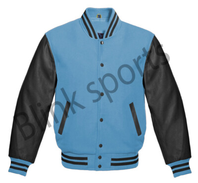 Letterman Baseball Varsity Sky Blue Wool Body Black Real Leather Sleeves Jackets