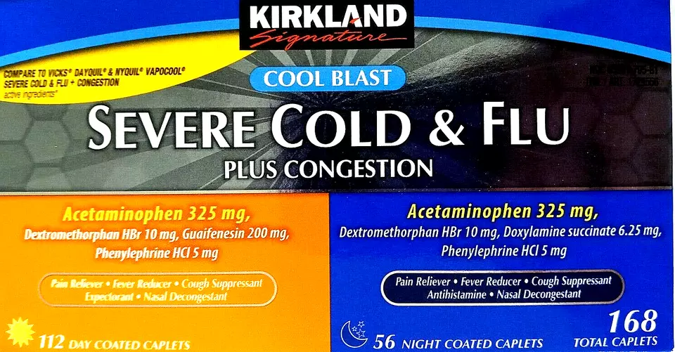 Kirkland Signature Severe Cold & Flu Plus Congestion 168 каплет срок годности 04/2026 - Изображение 2 из 4