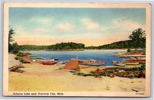 Traverse City Michigan~Arbutus Lake Dock & Boats Scene~PM 1941~Linen Postcard