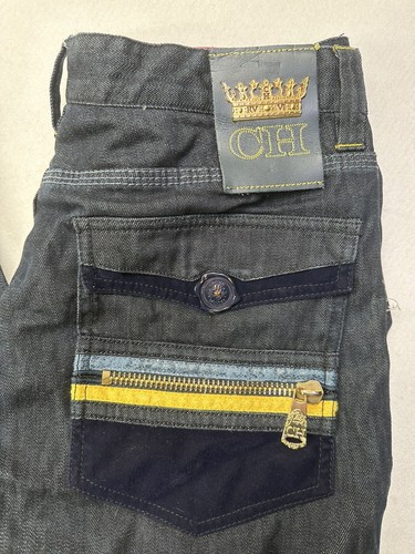 Crown Holder Dark Denim Mens 34x34 Embellished Embroidered Leather Accents Jeans - Picture 2 of 10