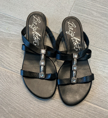 Brighton Nassau Black Leather Strappy Rhinestone Slip-On Sandals Women's Sz 7.5