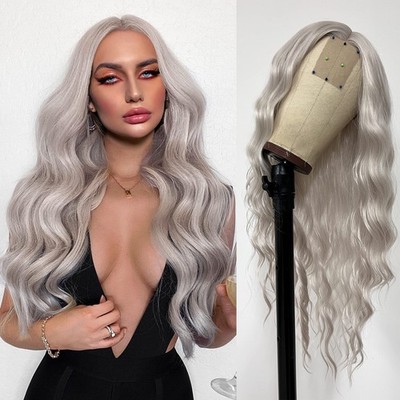 Grey Long Wavy HD Lace Front Wig Glueless Platinum Blonde Body Wave Wig 200 D...