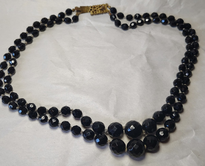 Vintage Black Faceted Glass Beaded Necklace with double strand ,gold -tone clasp