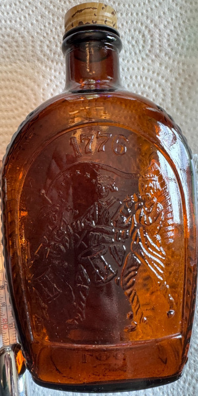 VINTAGE LOG CABIN SYRUP BICENTENNIEL BROWN GLASS BOTTLE - 8"