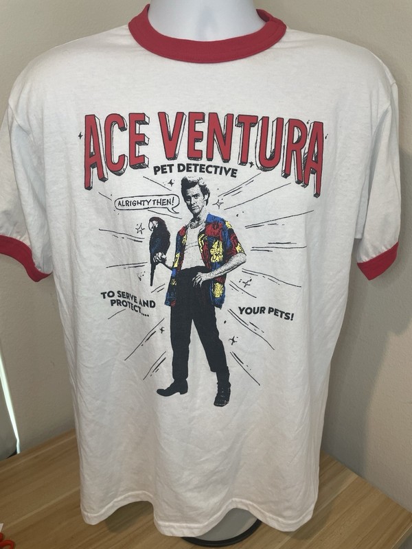Vintage Ace Ventura Pet Detective White Red Ringer Tee Large Jim Carrey 90s RARE