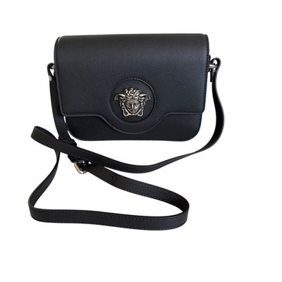 Versace 1008100 La Medusa Shoulder Bag Black Grained Leather Crossbody