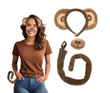 Adult Monkey Animal Costume Set Ears Headband Tail Nose Halloween Accessory Kit