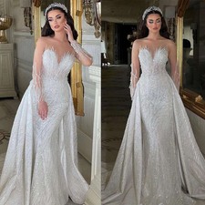 Deep V Beaded Mermaid Wedding Dress Detachable Long Sleeves Bridal Gown