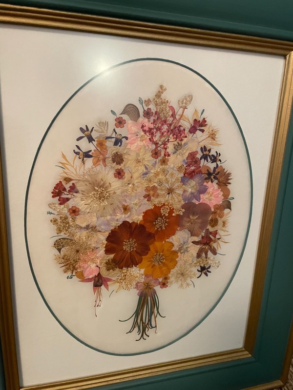 vtg framed dried flowers 1995 signed & obituary on back 19"x15" colorful