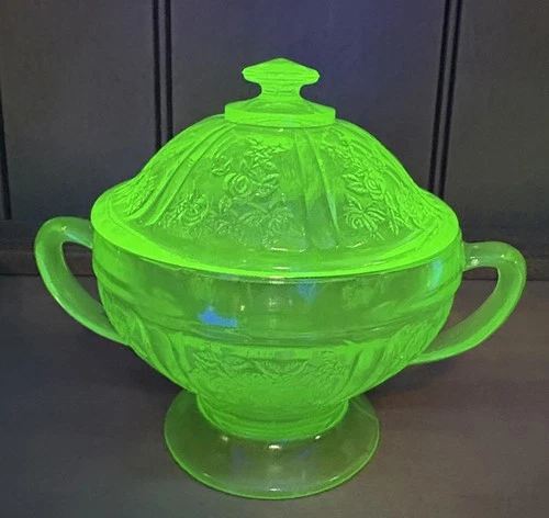 Vintage Federal Cabbage Rose Green Depression Glass Sugar Bowl with Lid