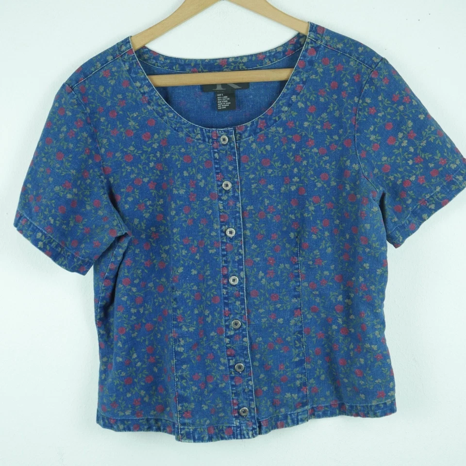 Vintage M L Top Skirt Set Linen Blend 90s Cottagecore Midi Floral Prairie Modest - Image 2 of 4