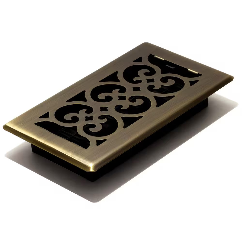 4 In. X 8 In. Antique Brass Plated Scroll Floor Register