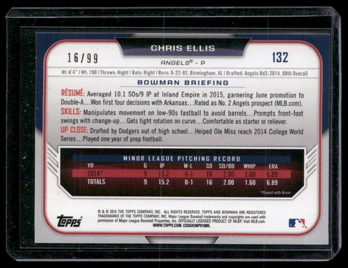 2015 Bowman Draft Chris Ellis 132 Green SN99 - Picture 2 of 2