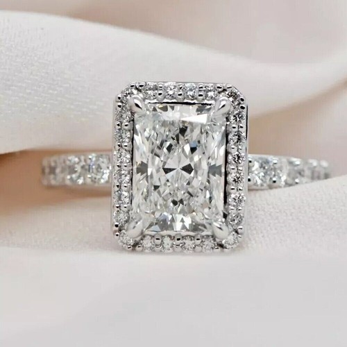 3.5CT Radiant Cut VVS1 Moissanite Hidden Halo Wedding Ring 14k White Gold Plated - Picture 6 of 11