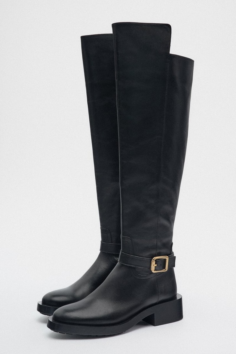NWOB ZARA OVER THE KNEE BUCKLED LEATHER RIDING BOOTS BLACK