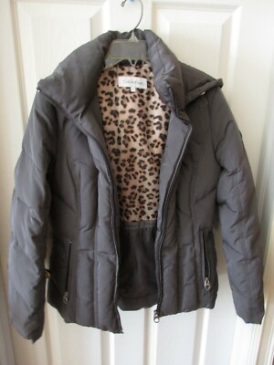 Calvin Klein Womens S Down Jacket Gray with Leopard Lining EUC